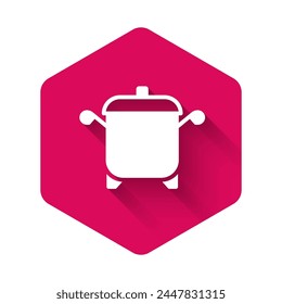 White Cooking pot icon isolated with long shadow background. Boil or stew food symbol. Pink hexagon button. Vector