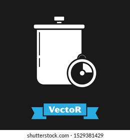 White Cooking pot and kitchen timer icon isolated on black background. Boil or stew food symbol.  Vector Illustration