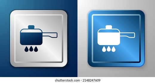 White Cooking pot on fire icon isolated on blue and grey background. Boil or stew food symbol. Silver and blue square button. Vector