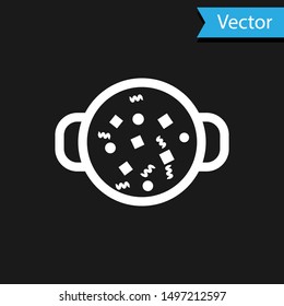 White Cooking soup in pot icon isolated on black background. Boil or stew food symbol.  Vector Illustration