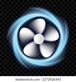 Ventilador blanco frío con ondas de aire azules. Ventilador de refrigeración por ordenador. Atención de aire, ventilación y aire acondicionado de fondo. Icono de hélice con la ilustración vectorial de corrientes de aire o agua aislada en transparente