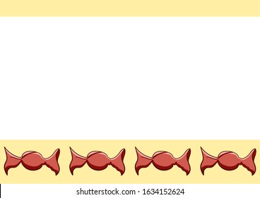 White copy space with round candies in red wrapper. Yellow background, vector.