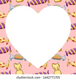 White copy space in the shape of a heart on pattern with candies in yellow wrapper on pink background. Vector.