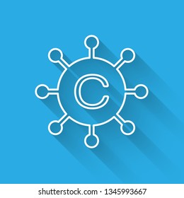 White Copywriting network icon isolated with long shadow. Content networking symbol. Copyright sign. Copywriting network sign. Vector Illustration
