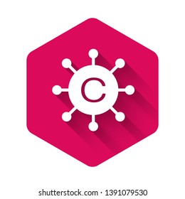 White Copywriting network icon isolated with long shadow. Content networking symbol. Copyright sign. Copywriting network sign. Pink hexagon button. Vector Illustration