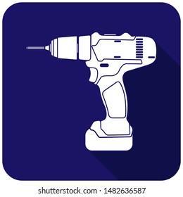 White cordless screwdriver icon on a blue background. Vector illustration