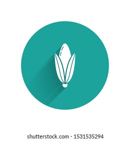White Corn icon isolated with long shadow. Green circle button. Vector Illustration
