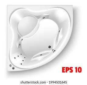 White corner bathtub top view. Ceramic plumbing, bubble. In 3D realistic style. Isolated on a white background. Vector illustration.