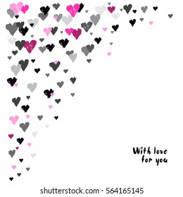 White corner design with hearts confetti on rose background. Romantic trendy Valentine day design for love card, lover greetings. Vector illustration stock vector.