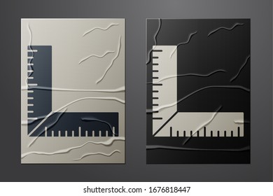 White Corner ruler icon isolated on crumpled paper background. Setsquare, angle ruler, carpentry, measuring utensil, scale. Paper art style. Vector Illustration