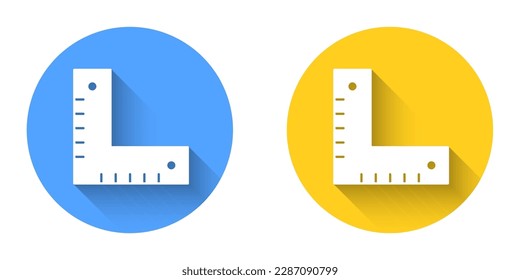 White Corner ruler icon isolated with long shadow background. Setsquare, angle ruler, carpentry, measuring utensil, scale. Circle button. Vector