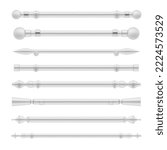 White cornice for curtains set realistic vector illustration. Metallic plastic interior rod accessory antique different shape. Elegant luxury room window classic decorative frame for hanging blind