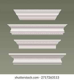 Coleção de moldagem de cornija branca com elementos decorativos - rodapé clássico e desenhos de coroa com padrões de gesso ornamentado. Bordas arquitetônicas de parede com detalhes realistas 3d relevo friso