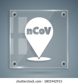 White Corona virus 2019-nCoV on location icon isolated on grey background. Bacteria and germs, cell cancer, microbe, fungi. Square glass panels. Vector Illustration