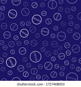 White Corona virus covid-19 icon isolated seamless pattern on blue background. Bacteria and germs, cell cancer, microbe, fungi.  Vector Illustration