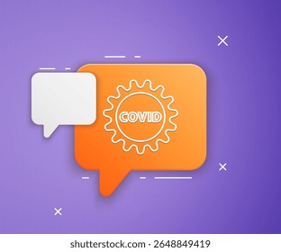 White Corona virus covid-19 icon isolated on purple background. Bacteria and germs, cell cancer, microbe, fungi. Orange speech bubble symbol. Vector