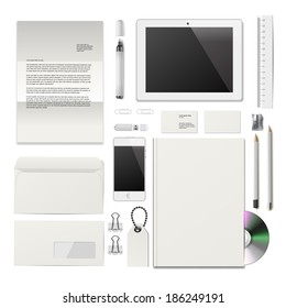 White Corporate ID mockup. Consist of business cards, cd disk, notepad, pen, envelope, badge, stationery, usb flash drive, folder, tablet, smart phone, blank. Vector illustration. 