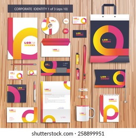 White corporate id template design with pink, yellow abstract elements. Documentation for business. Eps 10