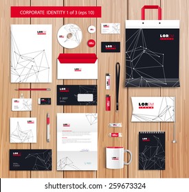 White corporate id template design with black, white, red abstract elements. Documentation for business. Eps 10