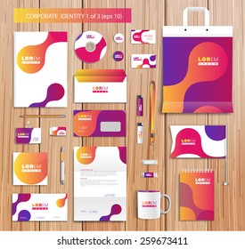 White corporate id template design with violet, yellow, pink abstract elements. Documentation for business. Eps 10