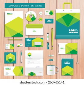 White corporate id template design with green, blue abstract elements. Documentation for business. Eps 10