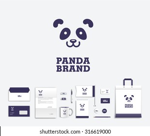 White corporate id template design with cute panda  logo. Documentation for business. Eps 10 