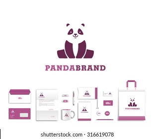 White corporate id template design with cute panda  logo. Documentation for business. Eps 10 