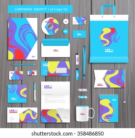 White corporate id template design with stylish stains and pink, yellow, blue abstract elements. Documentation for business. Eps 10