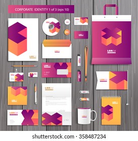 White corporate id template design with stylish cross and pink, yellow abstract elements. Documentation for business. Eps 10