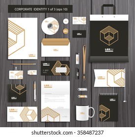 White corporate id template design with gold, black abstract elements. Documentation for business. Eps 10