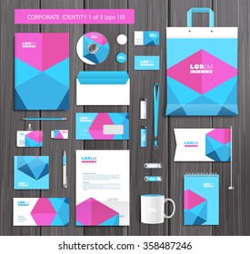 White corporate id template design with pink, blue abstract elements. Documentation for business. Eps 10