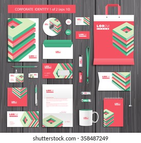 White corporate id template design with red, green abstract elements. Documentation for business. Eps 10