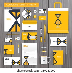 White corporate id template design with stylish hourglass and yellow abstract elements. Documentation for business. Eps 10