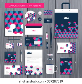 White corporate id template design with stylish cubes and pink, blue abstract elements. Documentation for business. Eps 10