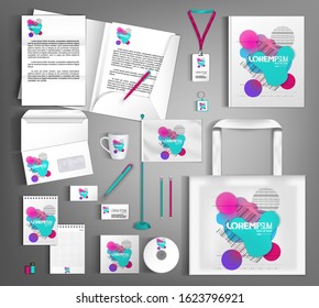 White corporate identity design template with multi-colored shapes of fluid and geometry. Business stationery set. Vector illustration