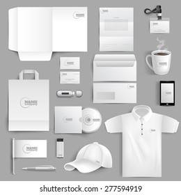 White corporate identity stationery set with realistic lighter cup and visit cards isolated vector illustration