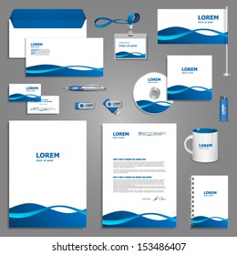 White corporate identity template with blue waves. Vector company style for brandbook and guideline. EPS 10