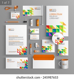 White corporate identity template design with color triangles. Business stationery