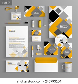 White corporate identity template design with gray and yellow geometric elements. Business stationery