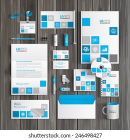 White corporate identity template design with blue economic icons. Business stationery