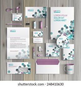 White corporate identity template design with gray and green geometric elements. Business stationery