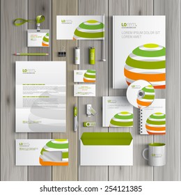 White corporate identity template design with color striped globe. Business stationery