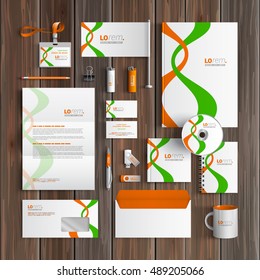 White corporate identity template design with orange and green stripes. Business stationery
