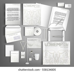 White corporate identity template design with floral pattern. Business set stationery.  Vector company style for brandbook and guideline.
