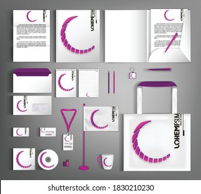 White corporate identity template with geometric pink object. Set of business office supplies.