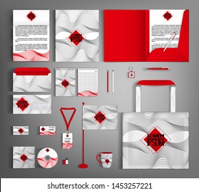 White corporate identity template with gray wave ornament and red central element. Vector company style for brand book and guideline.