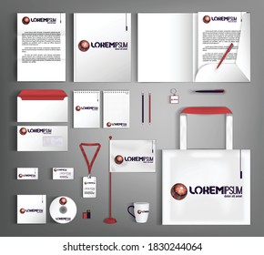 White corporate identity template with multicolored ball. Set of business office supplies with