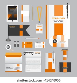 White corporate identity template with Orange origami elements. Vector company style for brandbook guideline and Pens mugs CDs books business cards letterhead flag Card Portfolio Tablet flash drive
