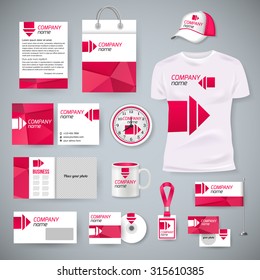 White corporate identity template with red elements. Vector company style for brandbook and guideline. Watch, T-shirt, cap, flag, package and Documentation for business.