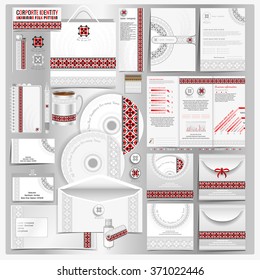 White corporate identity template with Ukrainian folk pattern. Vector company style for brand book and guideline